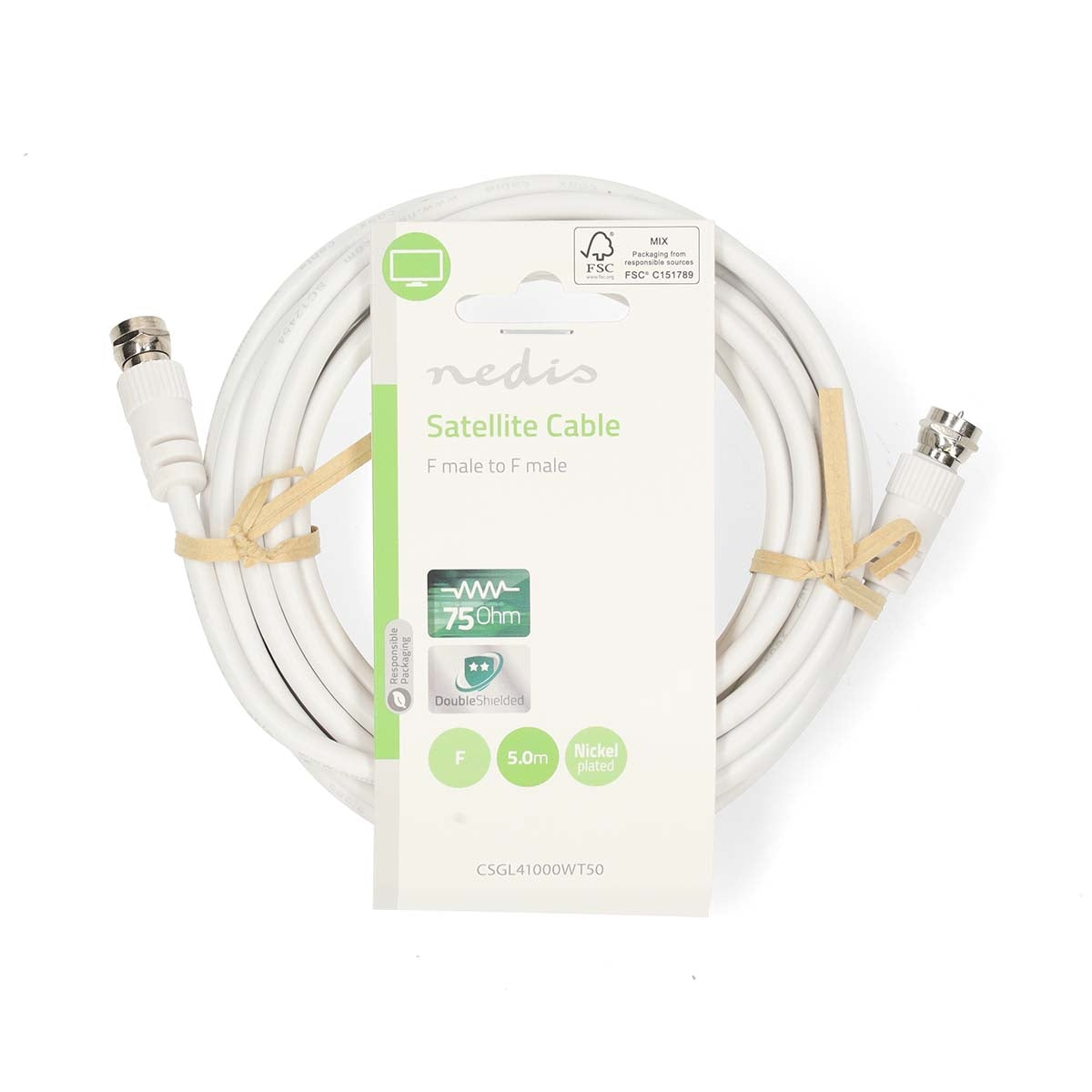 Satellite & Antenna cable | F Male | F Male | Nickel Plated | 75 Ohm | Double Shielded | 5.00 m | Round | PVC | White | Label