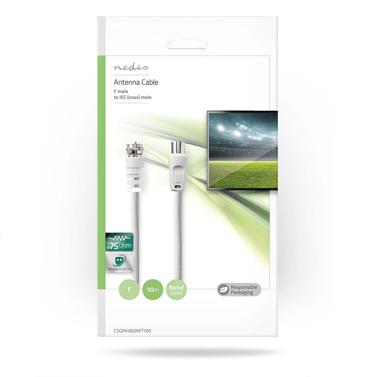 Satellite & Antenna cable | F Male | IEC (Coax) Male | Nickel Plated | 30dB| 75 Ohm | Double Shielded | 10.00 m | Round | PVC | White | Envelope