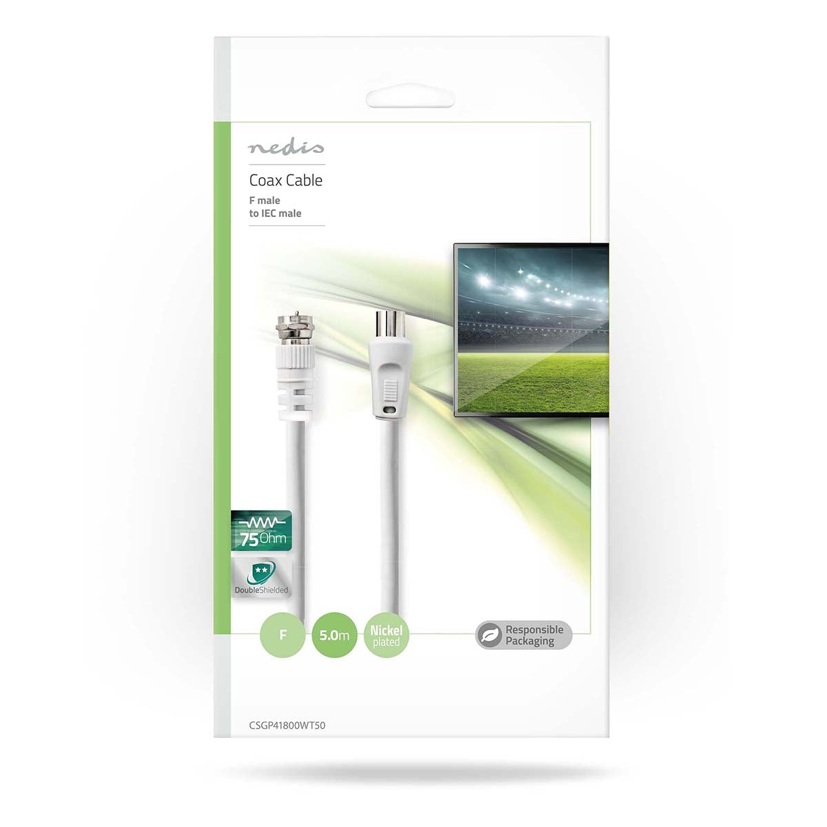 Satellite & Antenna cable | F Male | IEC (Coax) Male | Nickel Plated | 30dB| 75 Ohm | Double Shielded | 5.00 m | Round | PVC | White | Envelope