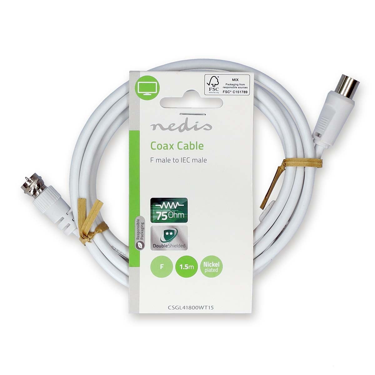 Satellite & Antenna cable | F Male | IEC (Coax) Male | Nickel Plated | 75 Ohm | Double Shielded | 1.50 m | Round | PVC | White | Label