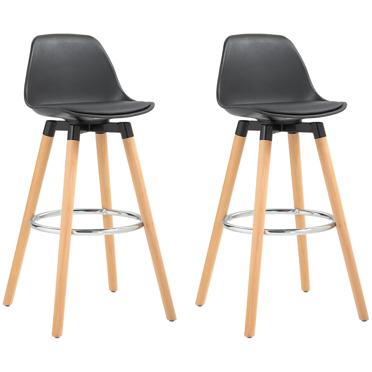 Scandinavian Bar Stools Set of 2, Wood Frame, Black