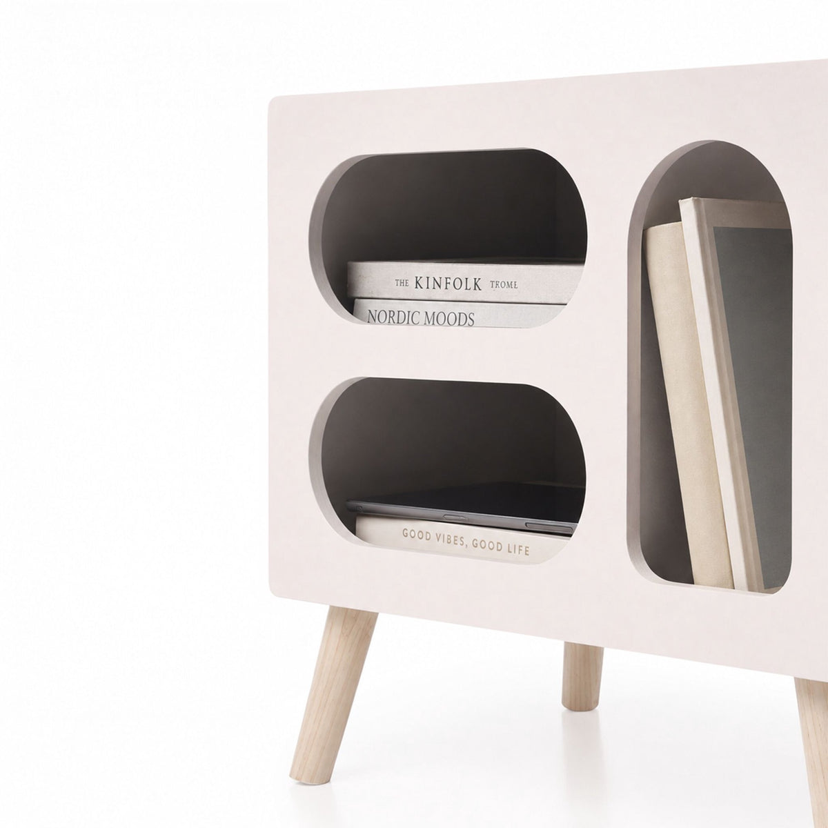 Scandinavian Bedside Table, White Pine, 3 Oval Shelves