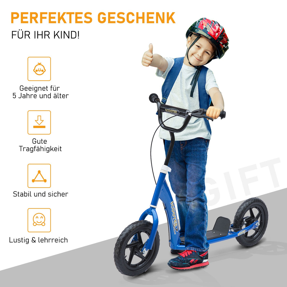 Scooter Children'S Scooter City Scooter 12 Inch With Rear Brake, Height Adjustable, Steel & Eva, Blue, 120X52X80-88 Cm