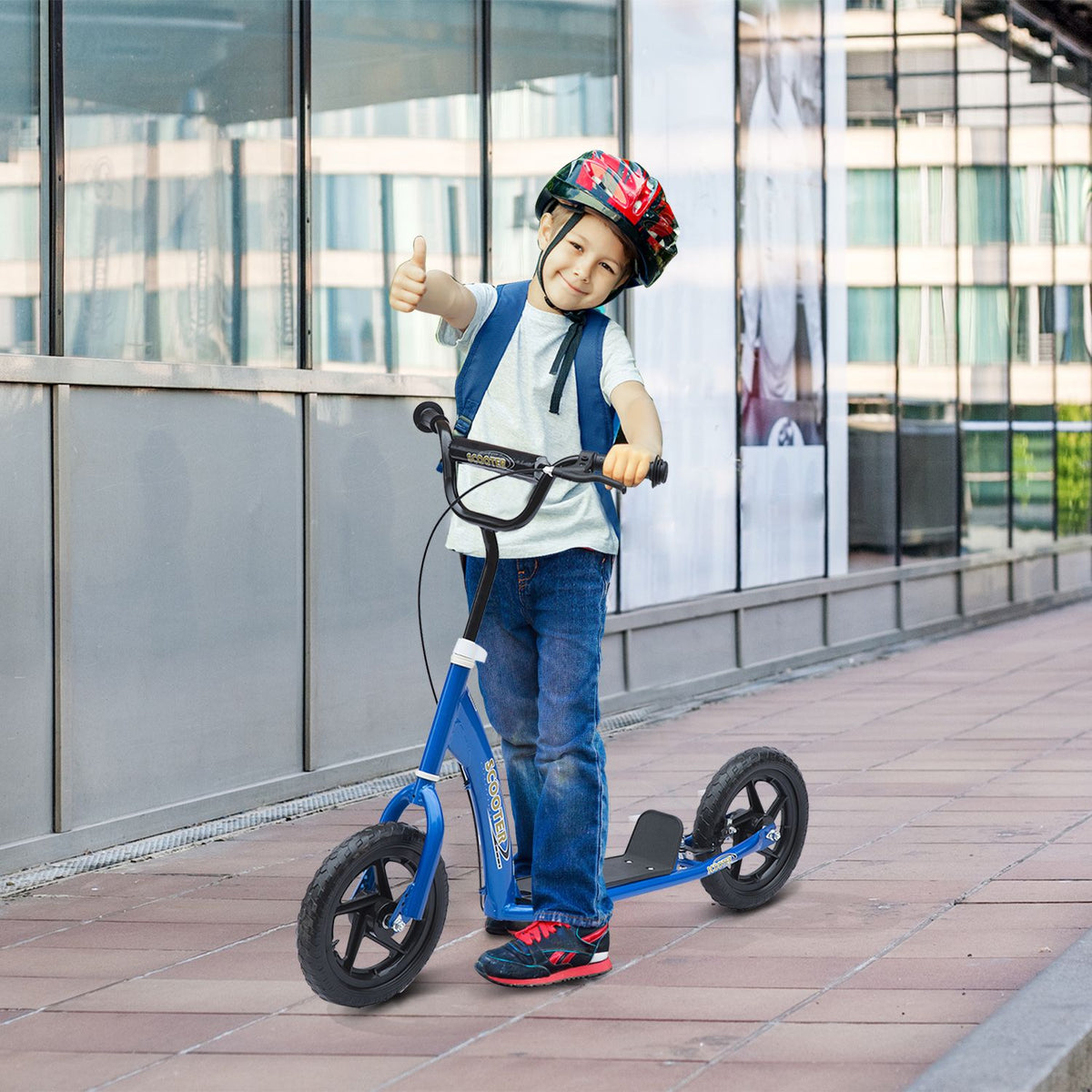 Scooter Children'S Scooter City Scooter 12 Inch With Rear Brake, Height Adjustable, Steel & Eva, Blue, 120X52X80-88 Cm