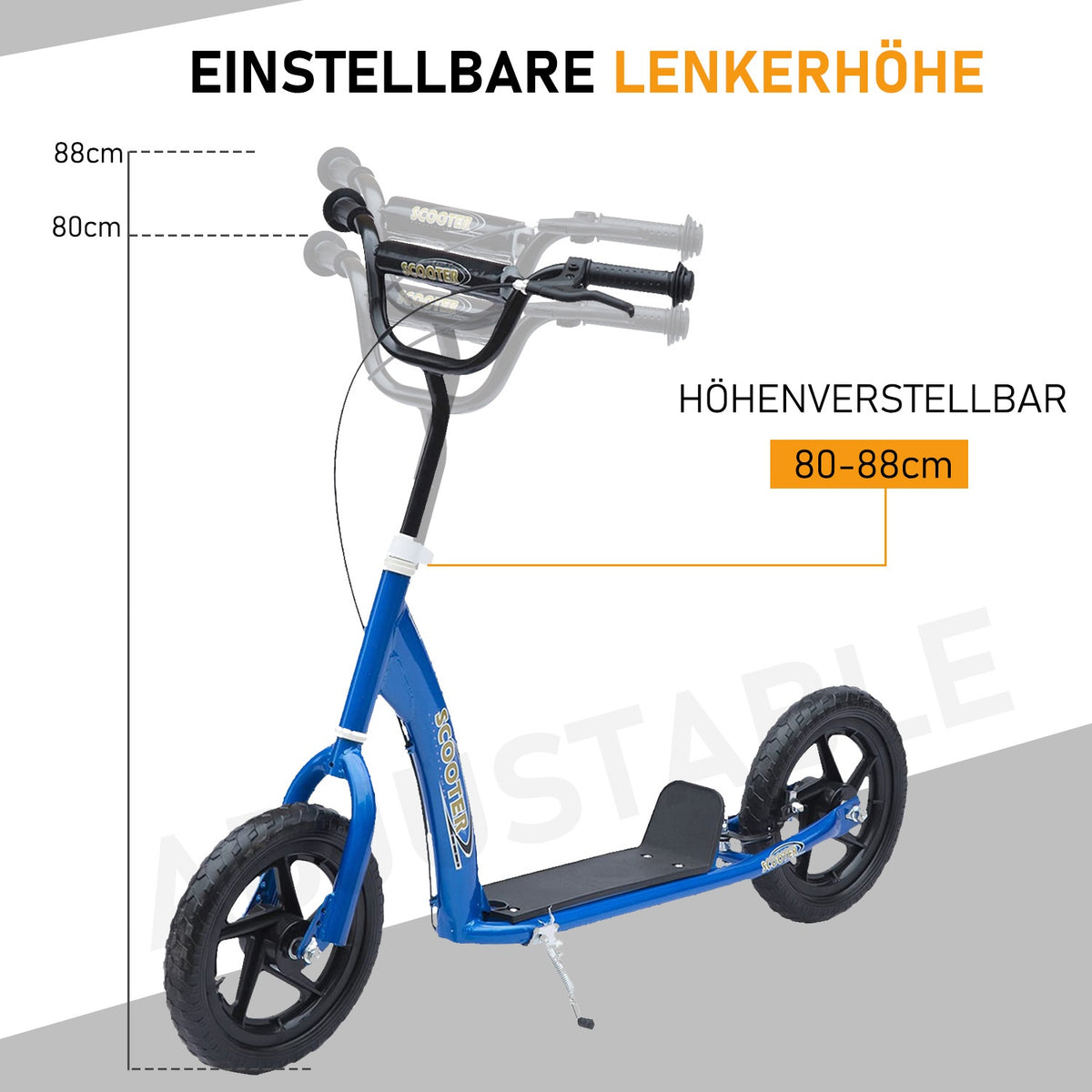 Scooter Children'S Scooter City Scooter 12 Inch With Rear Brake, Height Adjustable, Steel & Eva, Blue, 120X52X80-88 Cm