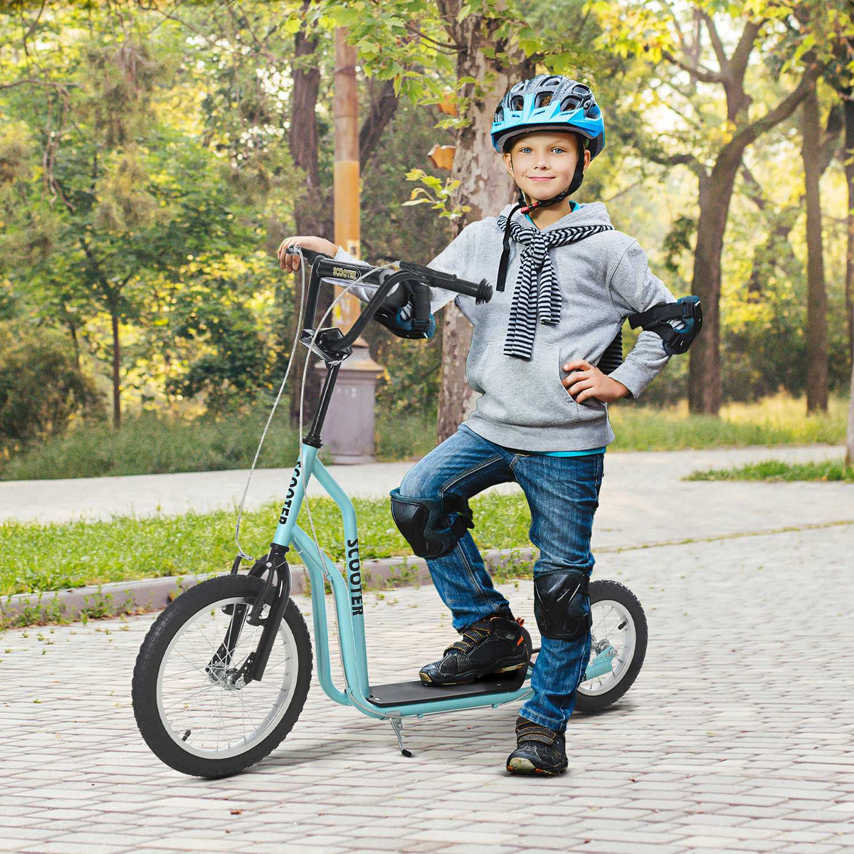 Scooter Children'S Scooter From 5 Years, Kickboard With Pneumatic Tires 16/12 Inches, Blue, 135 X 58 X 88-94 Cm