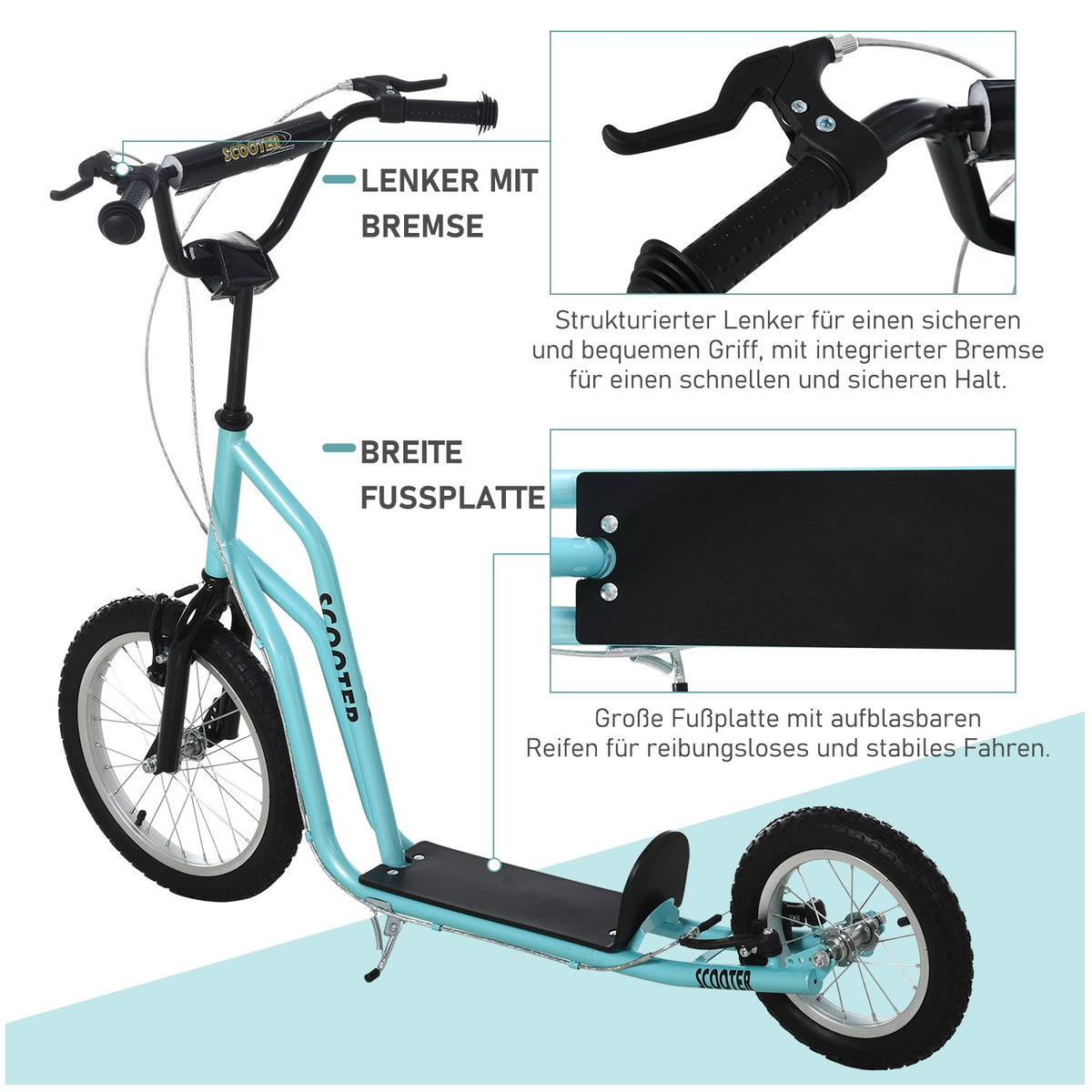 Scooter Children'S Scooter From 5 Years, Kickboard With Pneumatic Tires 16/12 Inches, Blue, 135 X 58 X 88-94 Cm