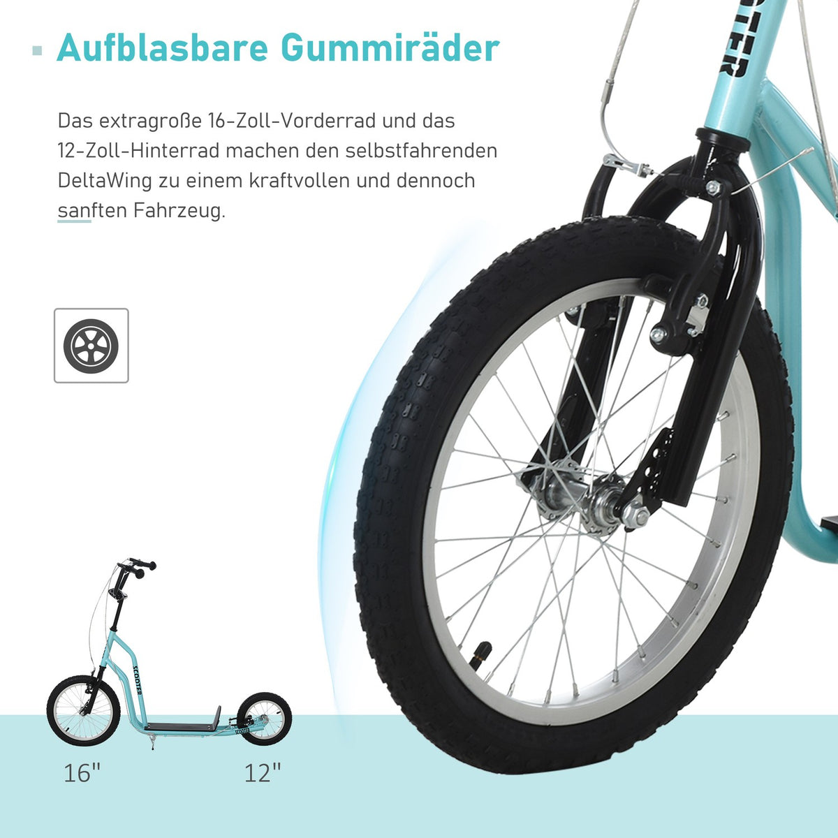 Scooter Children'S Scooter From 5 Years, Kickboard With Pneumatic Tires 16/12 Inches, Blue, 135 X 58 X 88-94 Cm