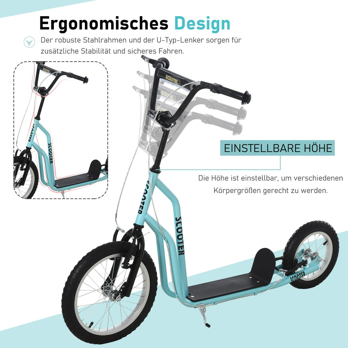 Scooter Children'S Scooter From 5 Years, Kickboard With Pneumatic Tires 16/12 Inches, Blue, 135 X 58 X 88-94 Cm