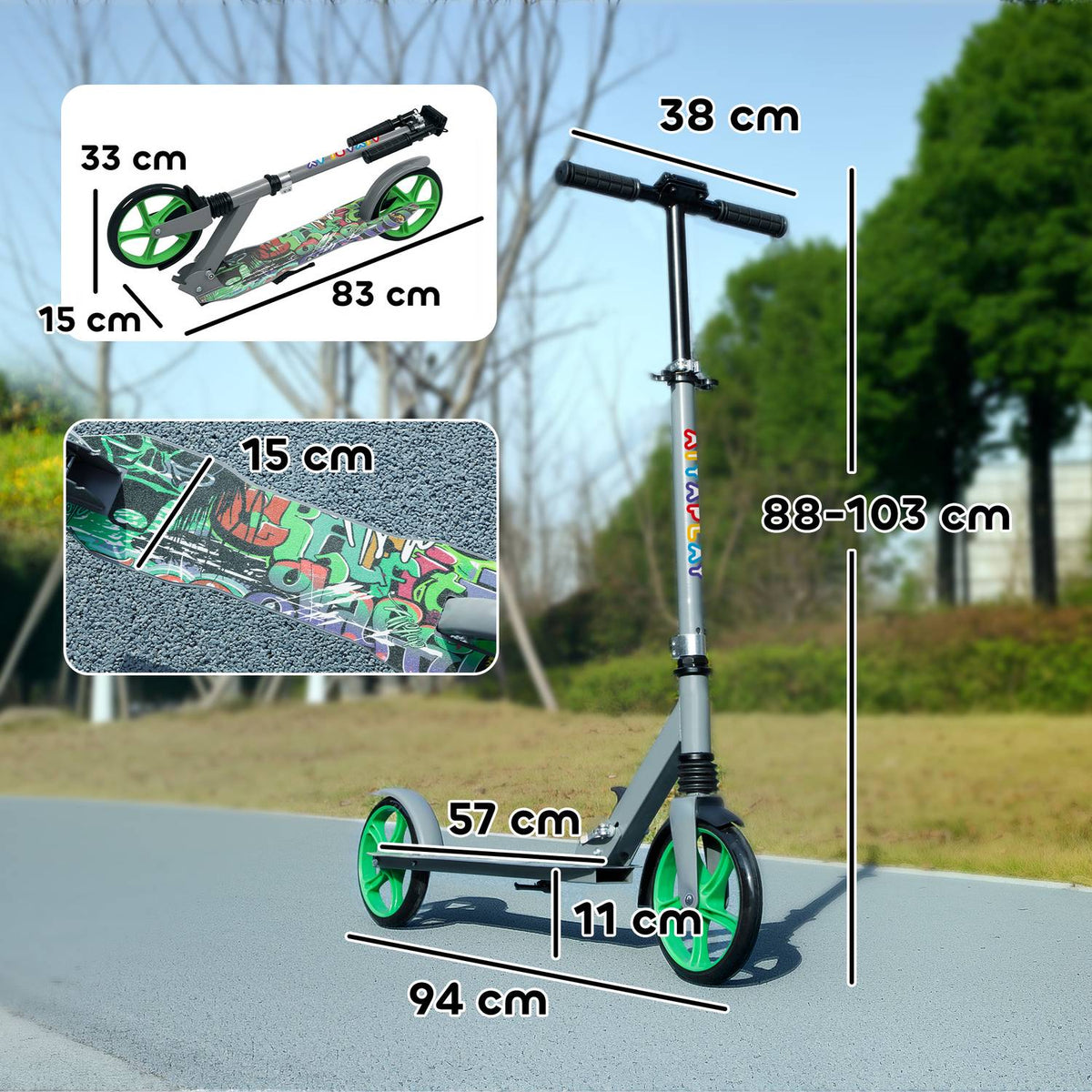 Scooter Children's Foldable Children's Scooter with Adjustable Handlebar Height, 2 Large Wheels, Rear Mudguard Brake, Kick Scooter for Children from 6-12 Years Green