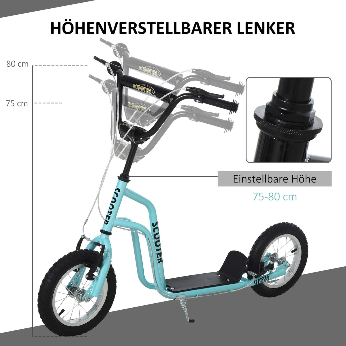 Scooter Kick Scooter Children'S Scooter City Scooter Kickboard With Pneumatic Tires 12 Inch, From 5 Years, Blue, 120X58X75-80Cm