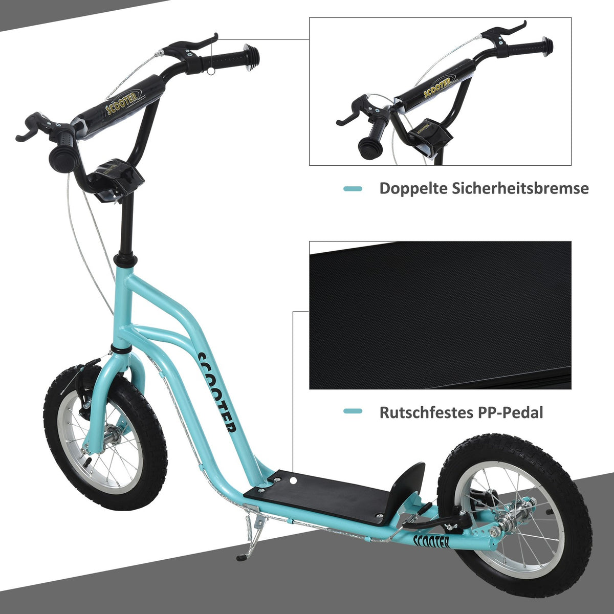 Scooter Kick Scooter Children'S Scooter City Scooter Kickboard With Pneumatic Tires 12 Inch, From 5 Years, Blue, 120X58X75-80Cm