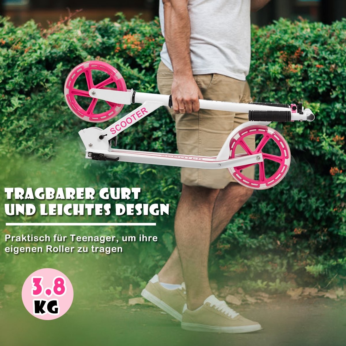 Scooter scooter foldable kick scooter height adjustable 100kg load capacity kick scooter with 2 LED wheels pink
