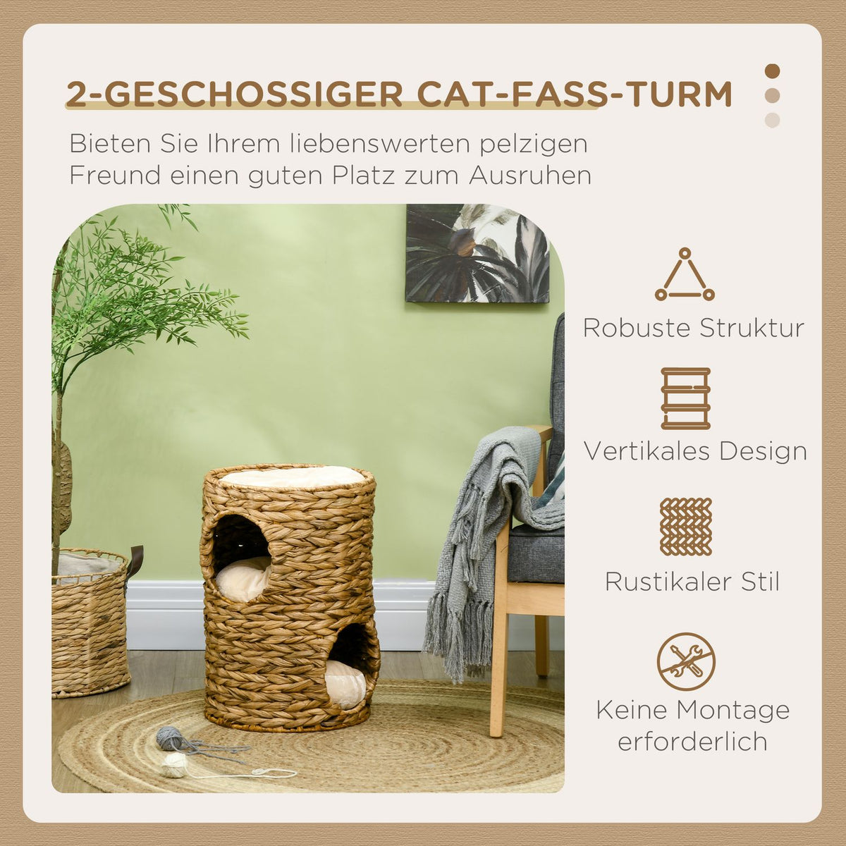 Scratching Barrel 47 Cm With 2 Levels Cat Tower With Cushion, Made Of Water Hyacinth & Steel, Light Brown