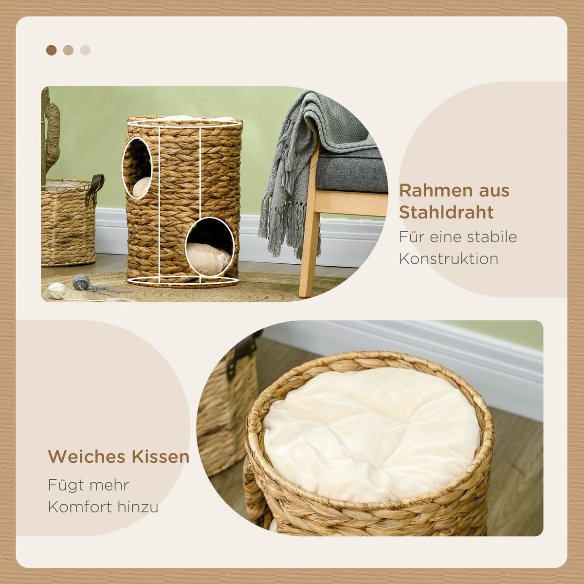 Scratching Barrel 47 Cm With 2 Levels Cat Tower With Cushion, Made Of Water Hyacinth & Steel, Light Brown