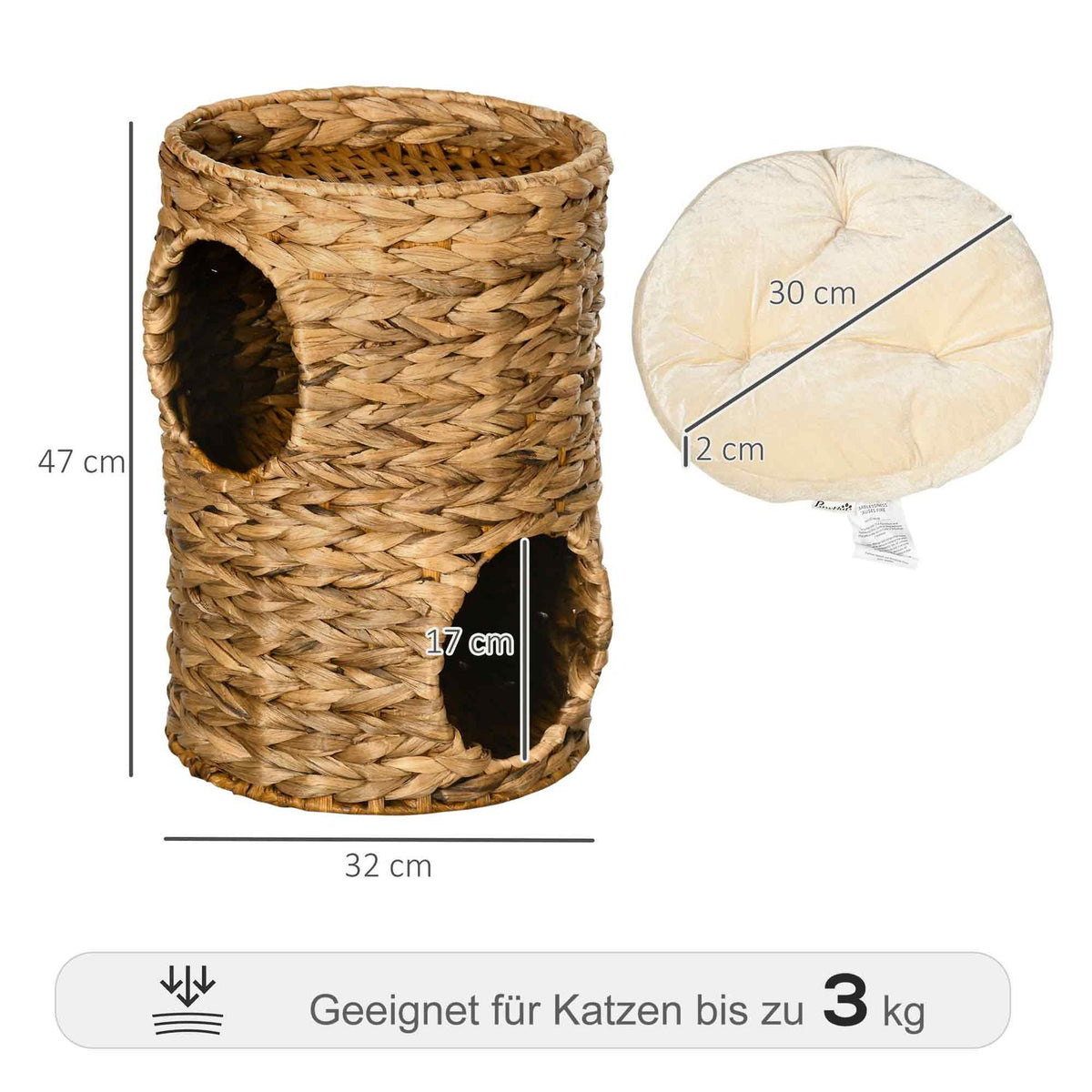 Scratching Barrel 47 Cm With 2 Levels Cat Tower With Cushion, Made Of Water Hyacinth & Steel, Light Brown