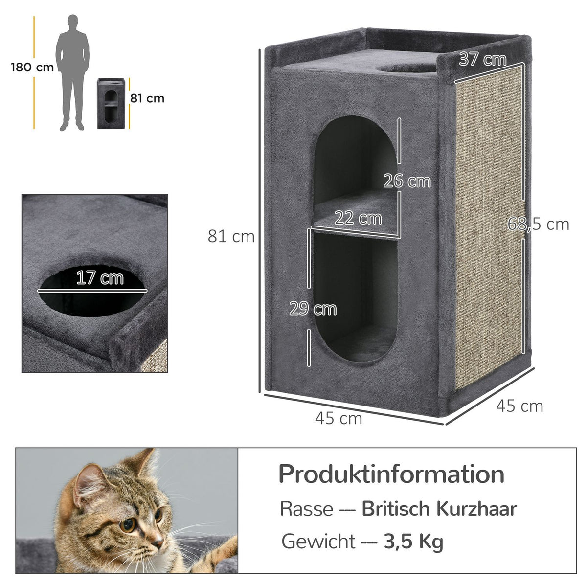 Scratching Barrel 81Cm Robust Cat Scratching Post With 2 Caves, Scratching Tower, 2 Levels For Cats Up To 6Kg In Dark Gray