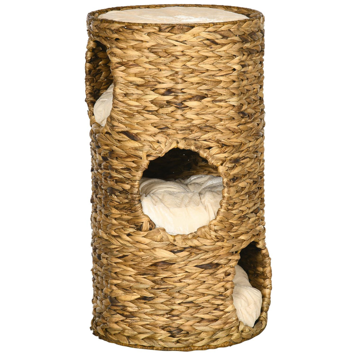Scratching Barrel Cat Tower 73Cm 3-Level Cushion Water Hyacinth Steel Light Brown
