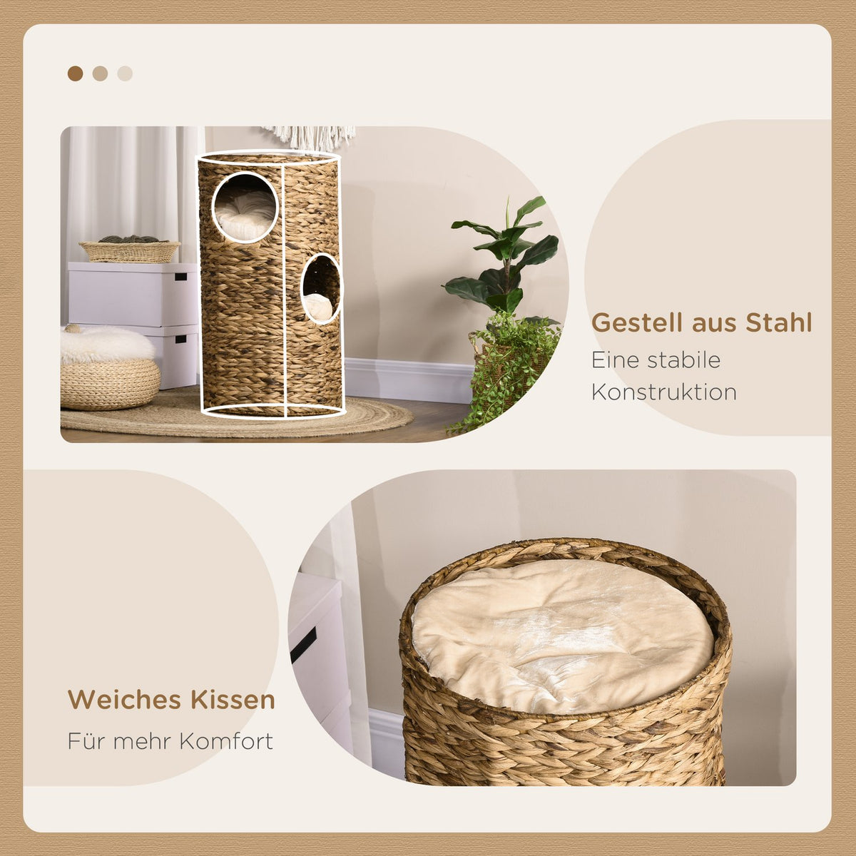 Scratching Barrel Cat Tower 73Cm 3-Level Cushion Water Hyacinth Steel Light Brown