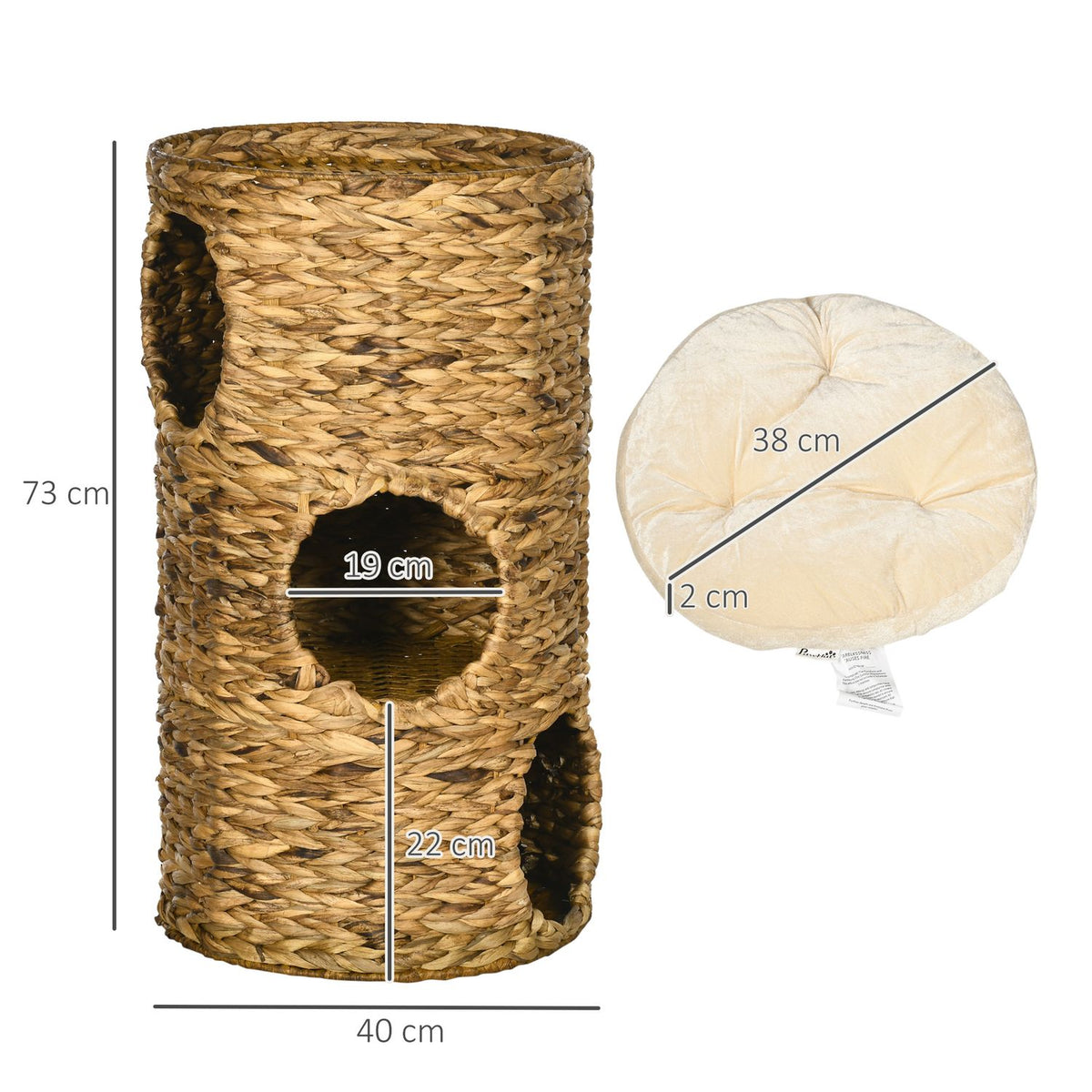 Scratching Barrel Cat Tower 73Cm 3-Level Cushion Water Hyacinth Steel Light Brown