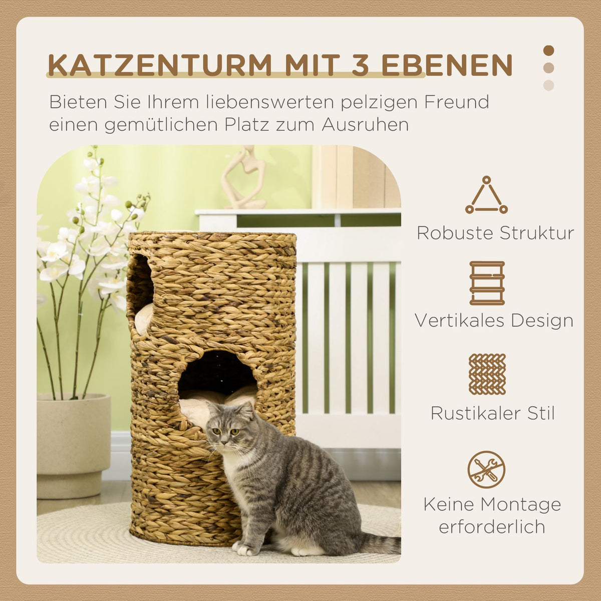 Scratching Barrel Cat Tower 73Cm 3-Level Cushion Water Hyacinth Steel Light Brown