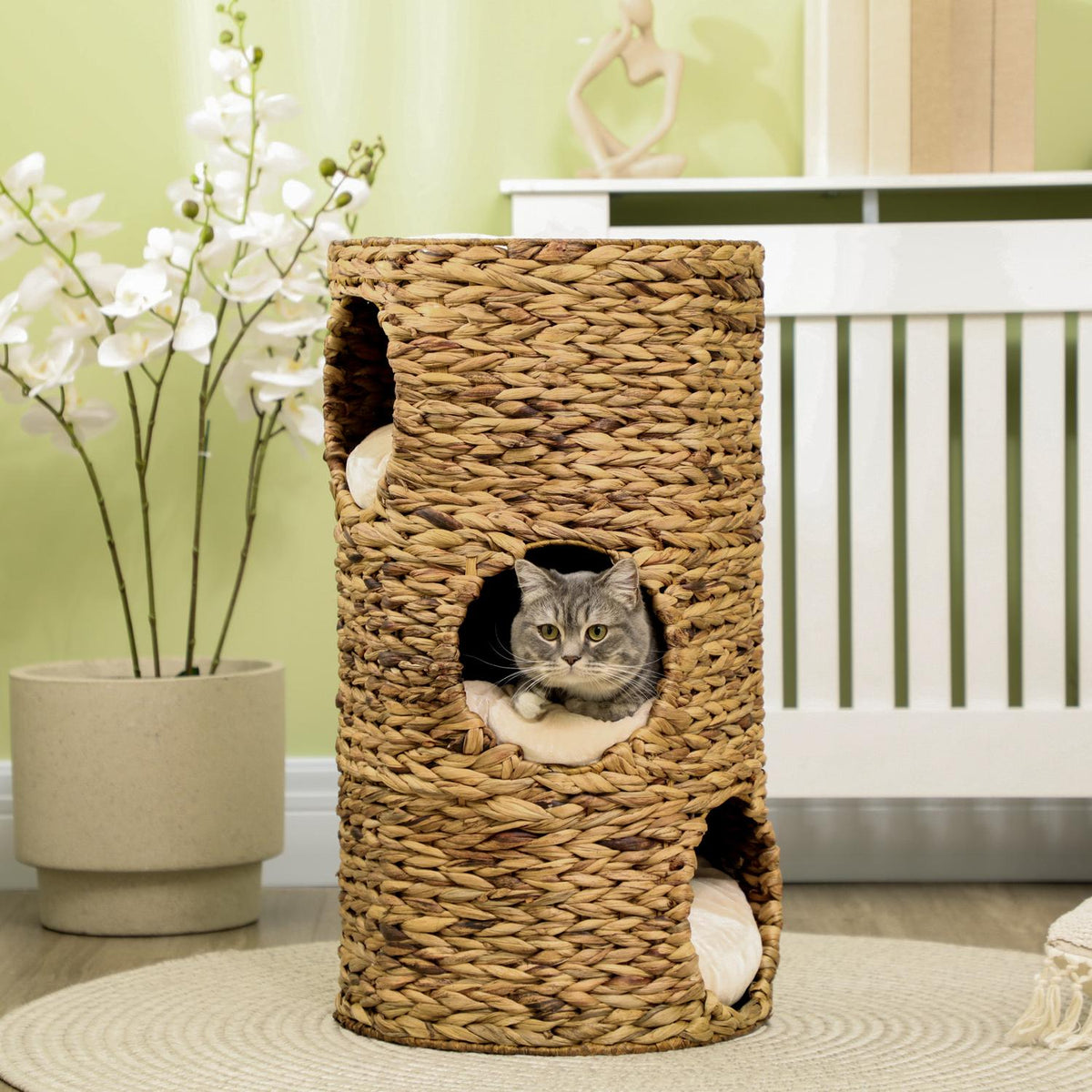 Scratching Barrel Cat Tower 73Cm 3-Level Cushion Water Hyacinth Steel Light Brown