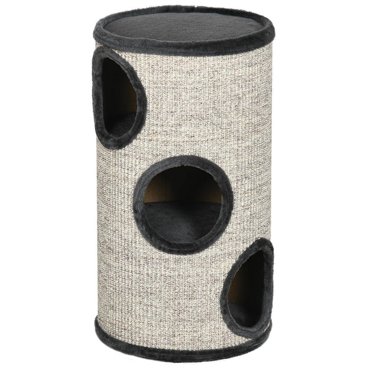 Scratching Barrel Play And Scratching Barrel For Cats With 3 Caves, Made Of Sisal & Plush, Gray, Ø38X70Cm