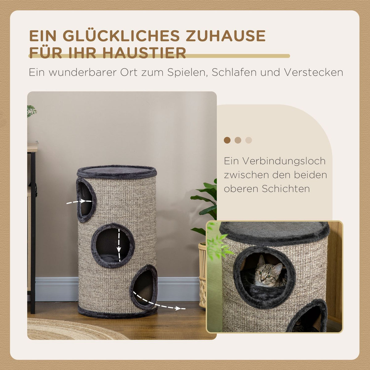 Scratching Barrel Play And Scratching Barrel For Cats With 3 Caves, Made Of Sisal & Plush, Gray, Ø38X70Cm