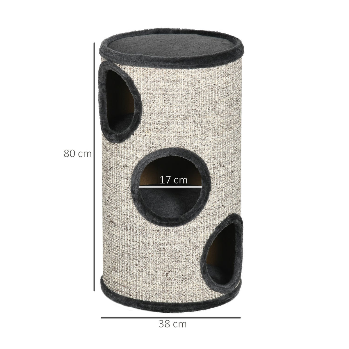 Scratching Barrel Play And Scratching Barrel For Cats With 3 Caves, Made Of Sisal & Plush, Gray, Ø38X70Cm