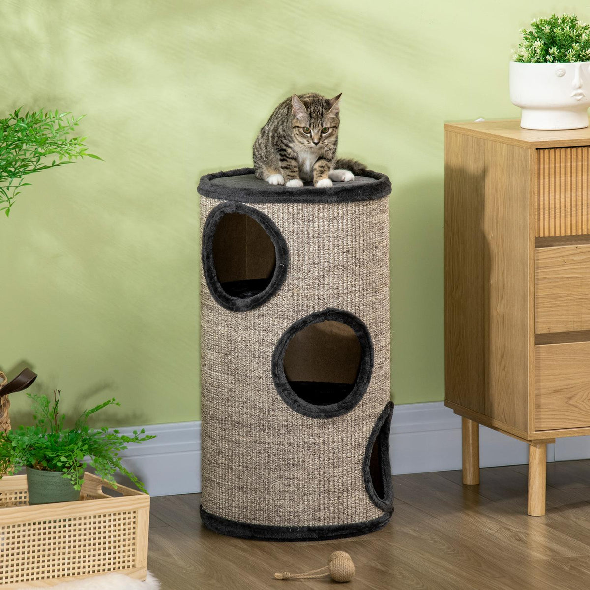 Scratching Barrel Play And Scratching Barrel For Cats With 3 Caves, Made Of Sisal & Plush, Gray, Ø38X70Cm