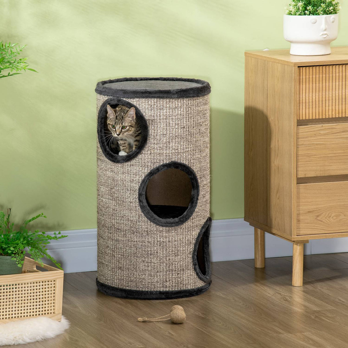 Scratching Barrel Play And Scratching Barrel For Cats With 3 Caves, Made Of Sisal & Plush, Gray, Ø38X70Cm