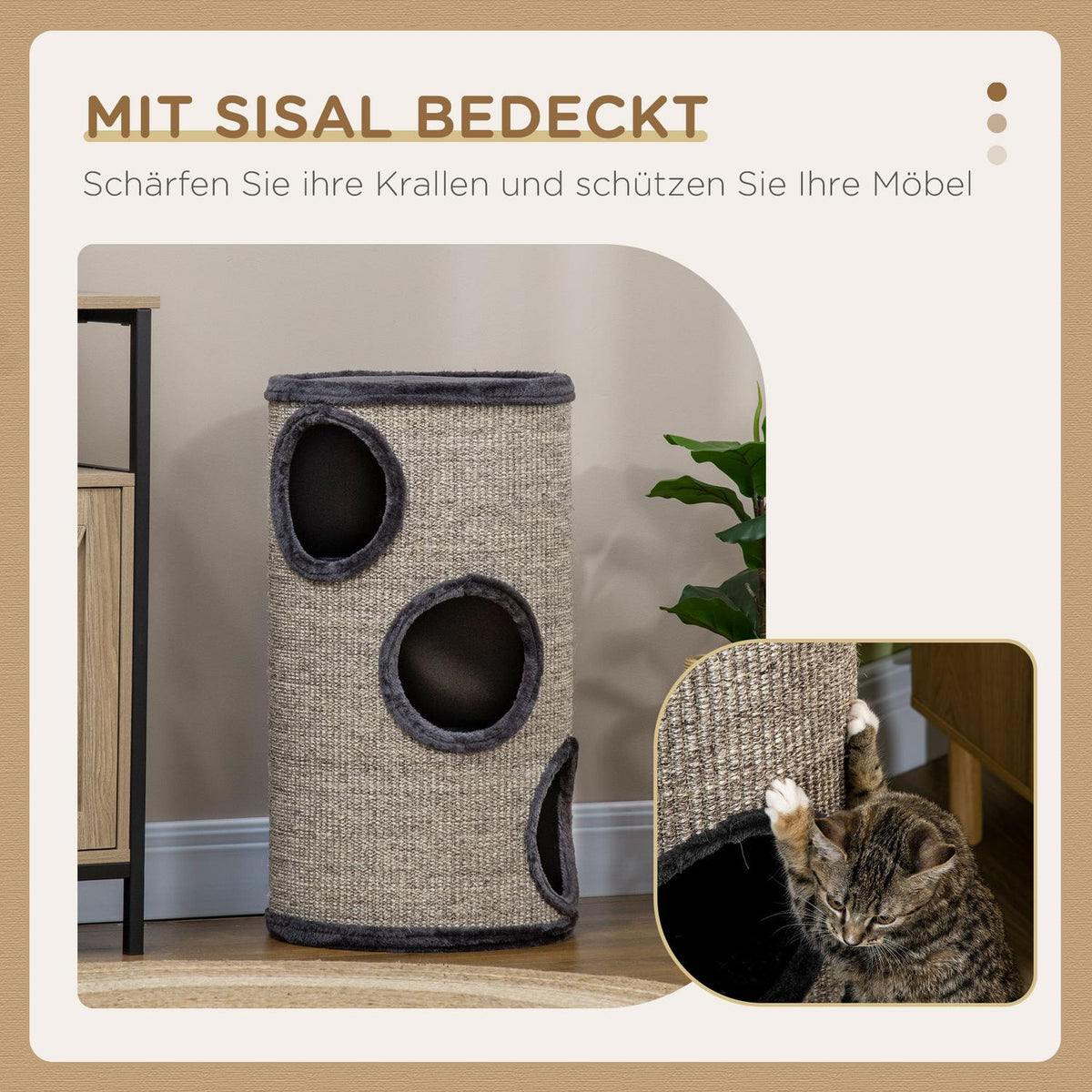 Scratching Barrel Play And Scratching Barrel For Cats With 3 Caves, Made Of Sisal & Plush, Gray, Ø38X70Cm