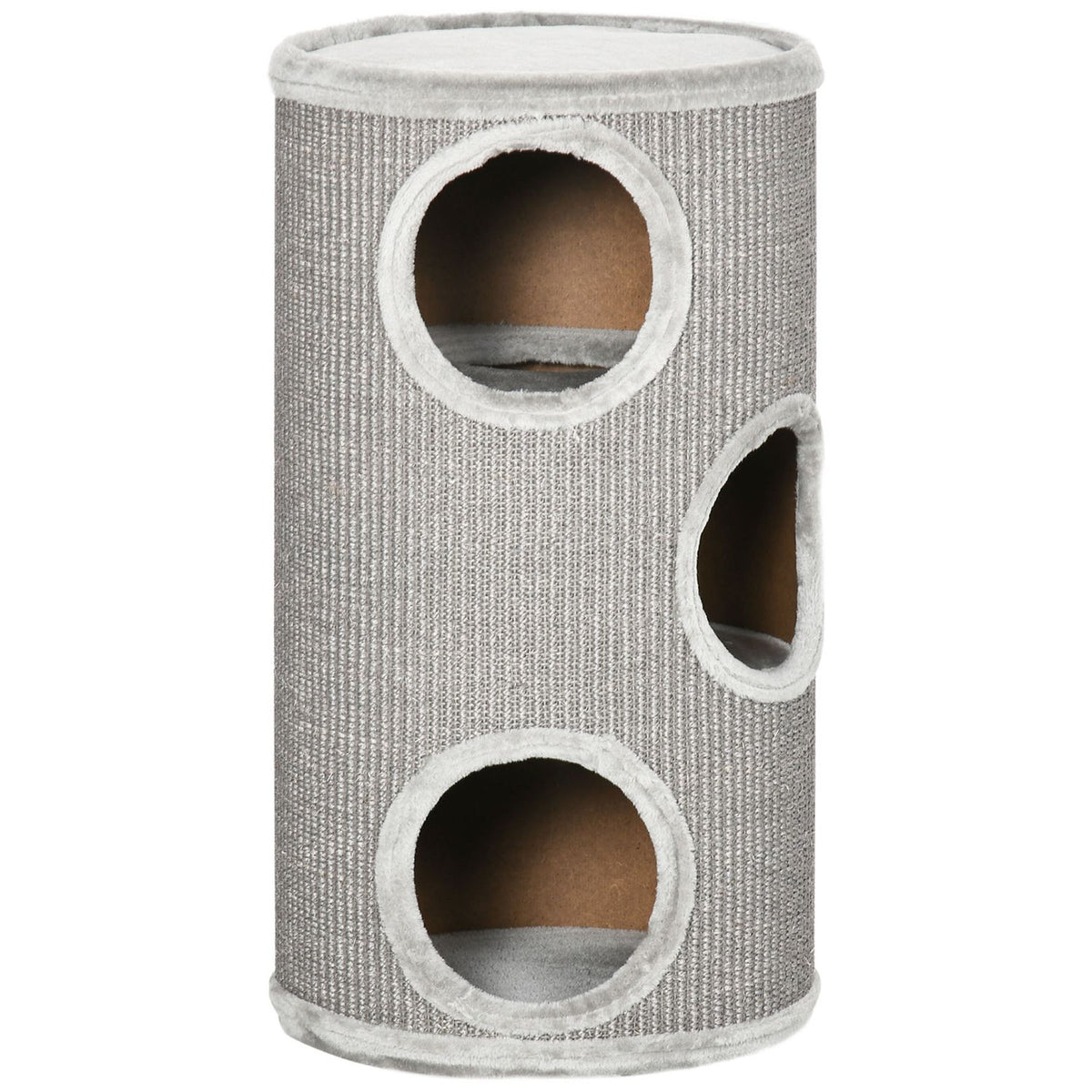 Scratching Barrel Play And Scratching Barrel For Cats With 3 Caves, Made Of Sisal & Plush, Light Gray, Ø38X70Cm