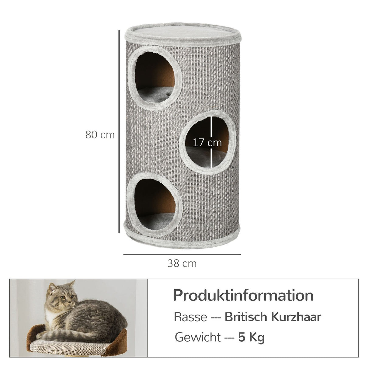 Scratching Barrel Play And Scratching Barrel For Cats With 3 Caves, Made Of Sisal & Plush, Light Gray, Ø38X70Cm