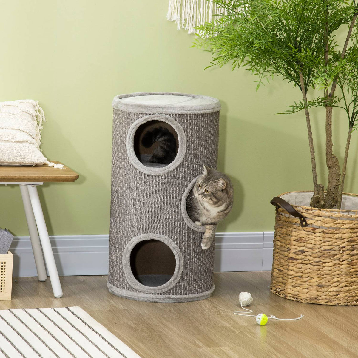 Scratching Barrel Play And Scratching Barrel For Cats With 3 Caves, Made Of Sisal & Plush, Light Gray, Ø38X70Cm