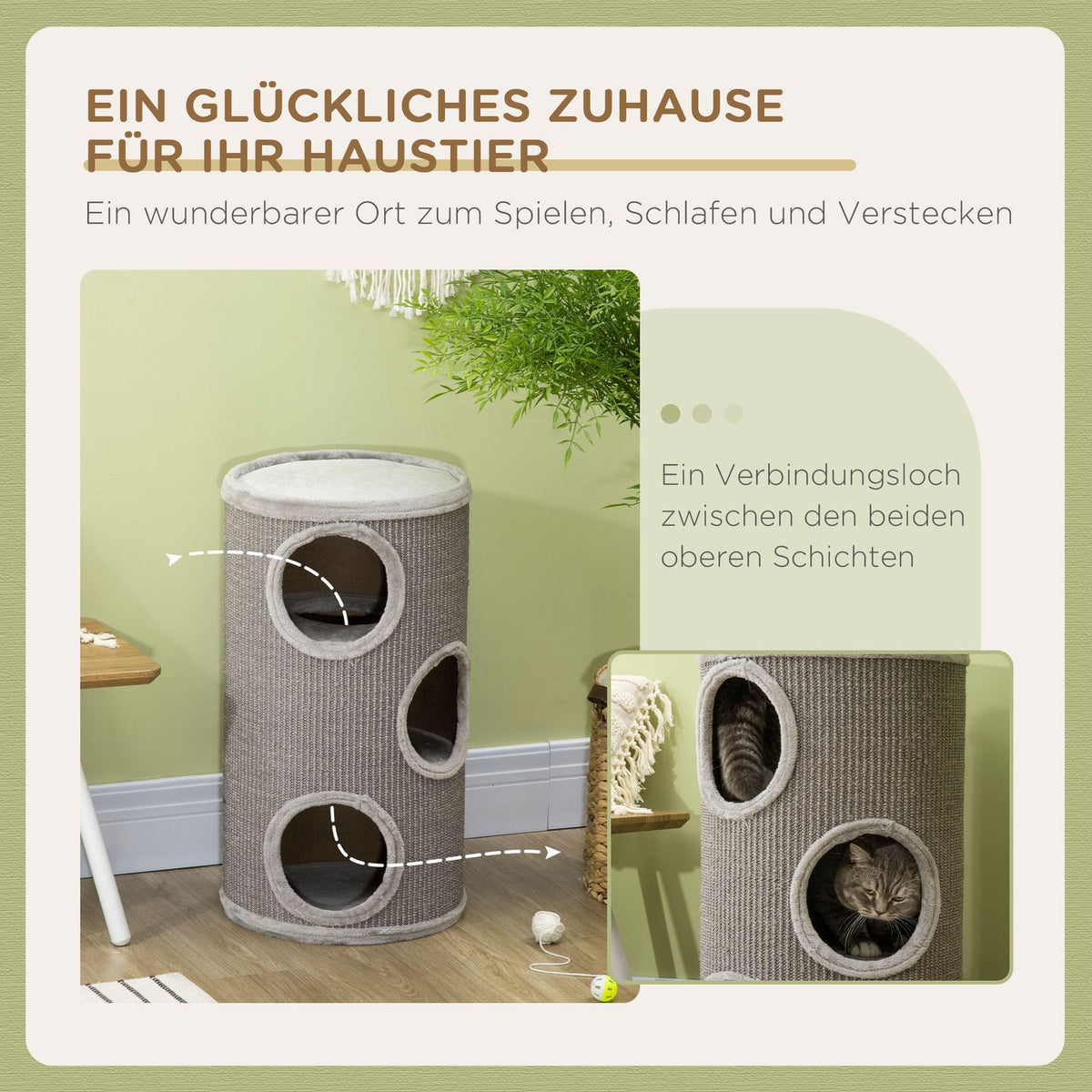 Scratching Barrel Play And Scratching Barrel For Cats With 3 Caves, Made Of Sisal & Plush, Light Gray, Ø38X70Cm