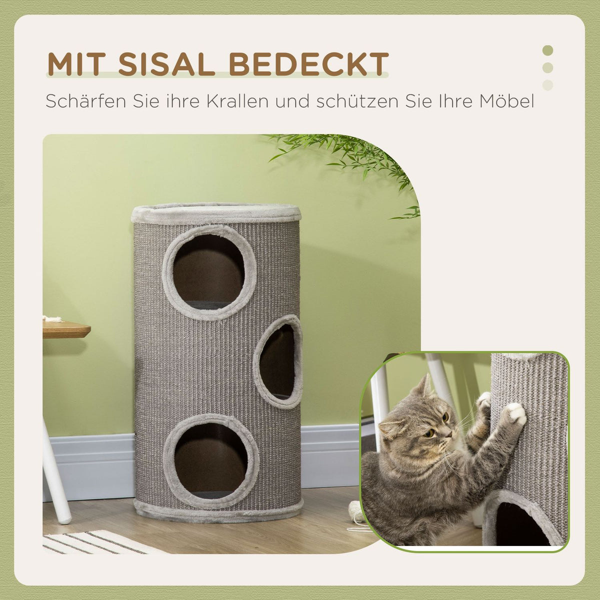 Scratching Barrel Play And Scratching Barrel For Cats With 3 Caves, Made Of Sisal & Plush, Light Gray, Ø38X70Cm