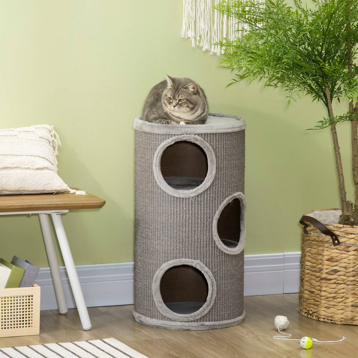 Scratching Barrel Play And Scratching Barrel For Cats With 3 Caves, Made Of Sisal & Plush, Light Gray, Ø38X70Cm