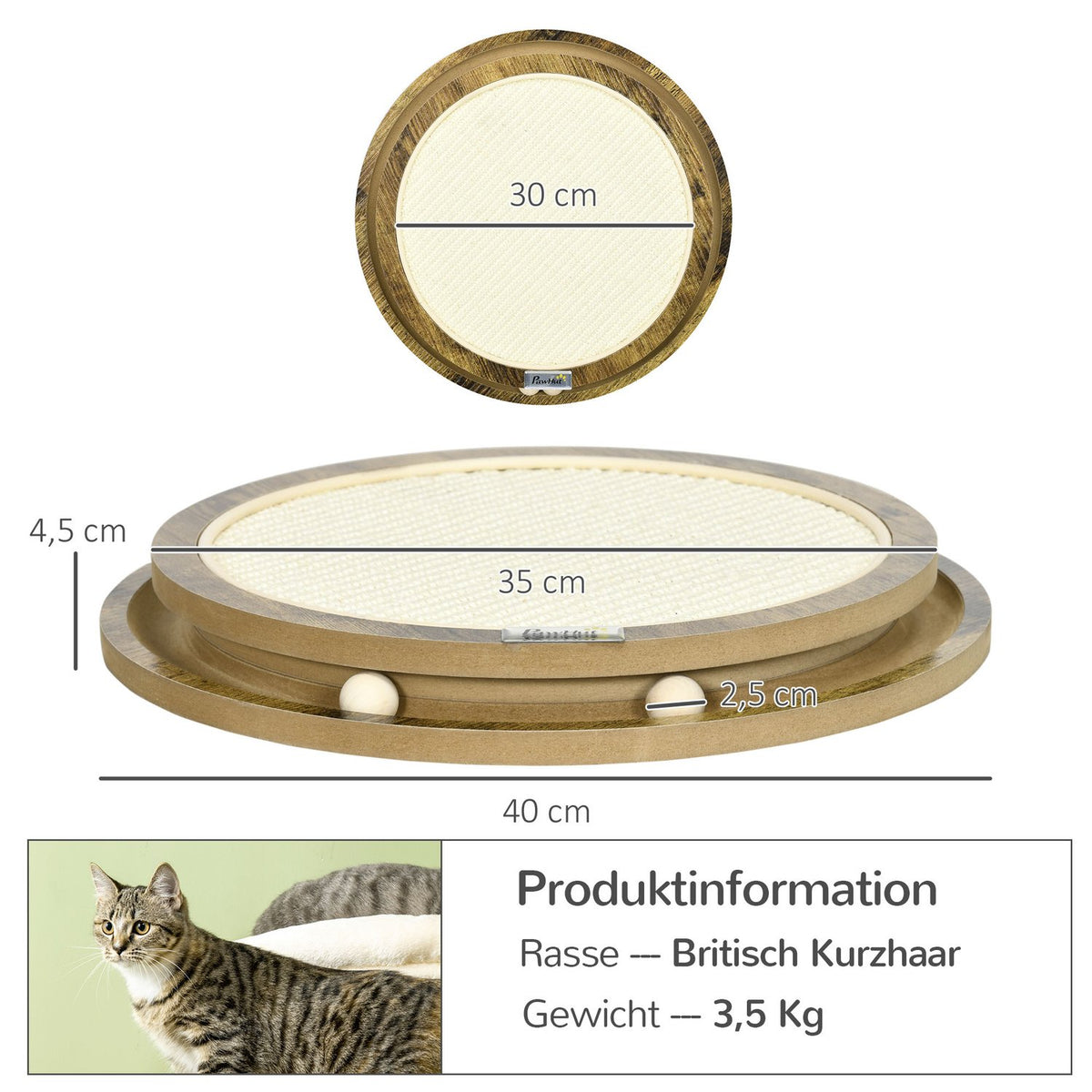 Scratching Board Cat Playground With Double-Layer Design & Play Ball, Brown + Cream White, Ø40X4.5 Cm