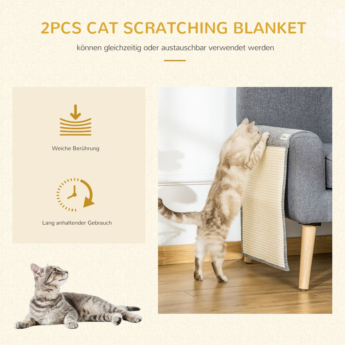 Scratching Mat Set Of 2 Sofa Protection For Cats, Sisal Scratching Mat, Gray, 130X45X0.3Cm, For Armchair & Couch