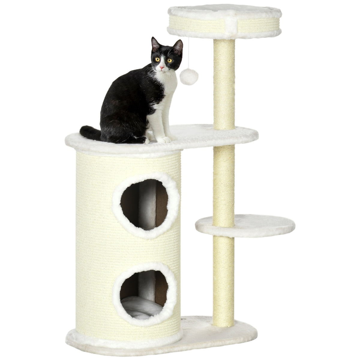 Scratching Post 100Cm With Scratching Barrel, Sisal Column & Play Ball, Cushion, Cream White