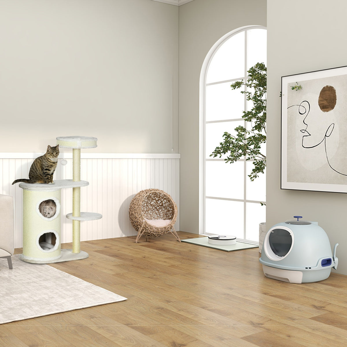 Scratching Post 100Cm With Scratching Barrel, Sisal Column & Play Ball, Cushion, Cream White