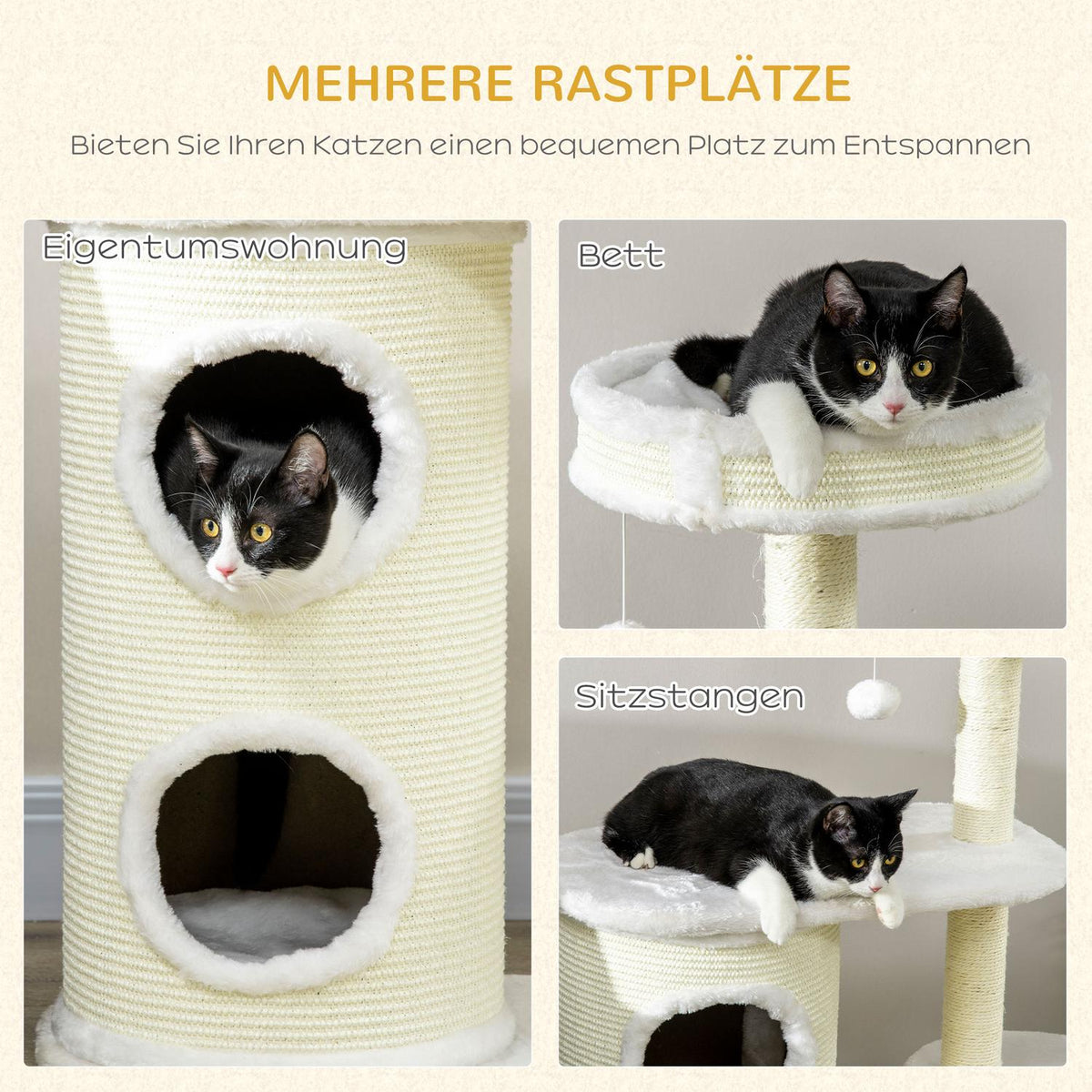Scratching Post 100Cm With Scratching Barrel, Sisal Column & Play Ball, Cushion, Cream White