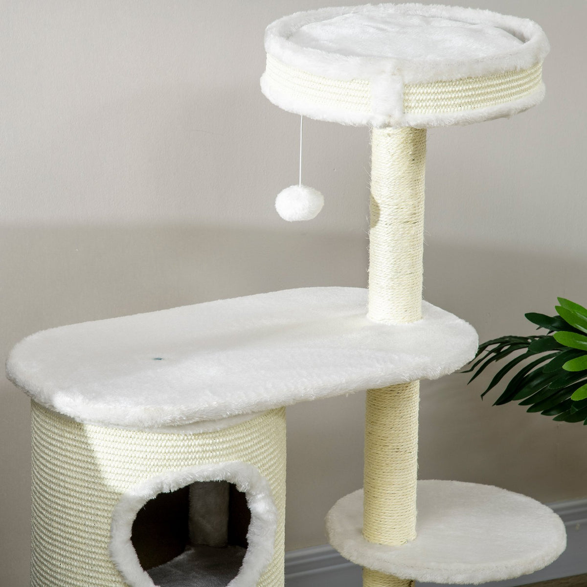Scratching Post 100Cm With Scratching Barrel, Sisal Column & Play Ball, Cushion, Cream White