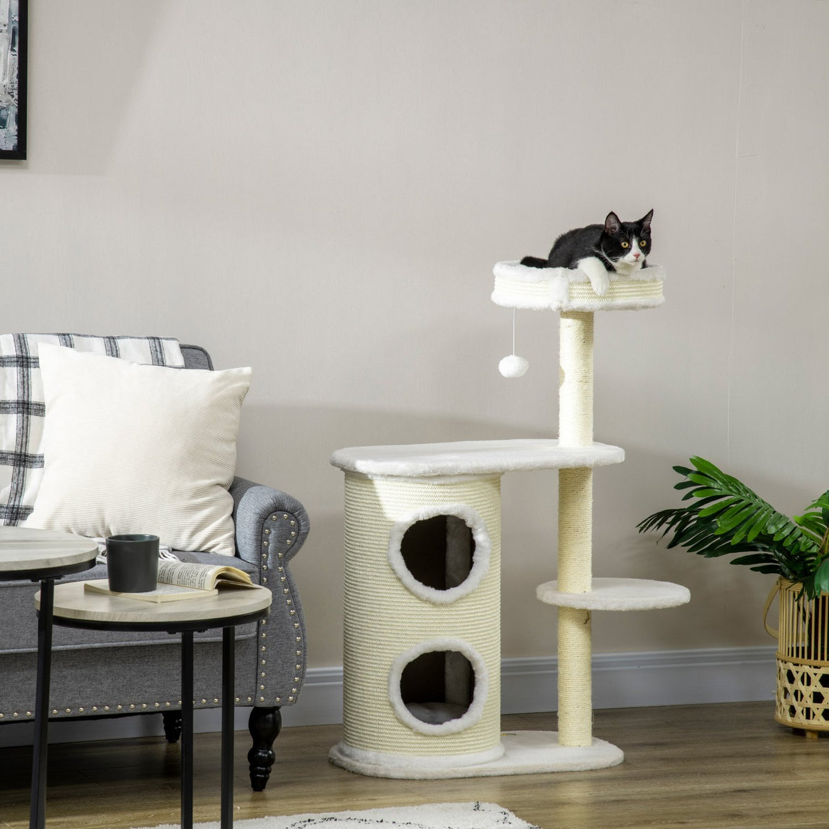 Scratching Post 100Cm With Scratching Barrel, Sisal Column & Play Ball, Cushion, Cream White