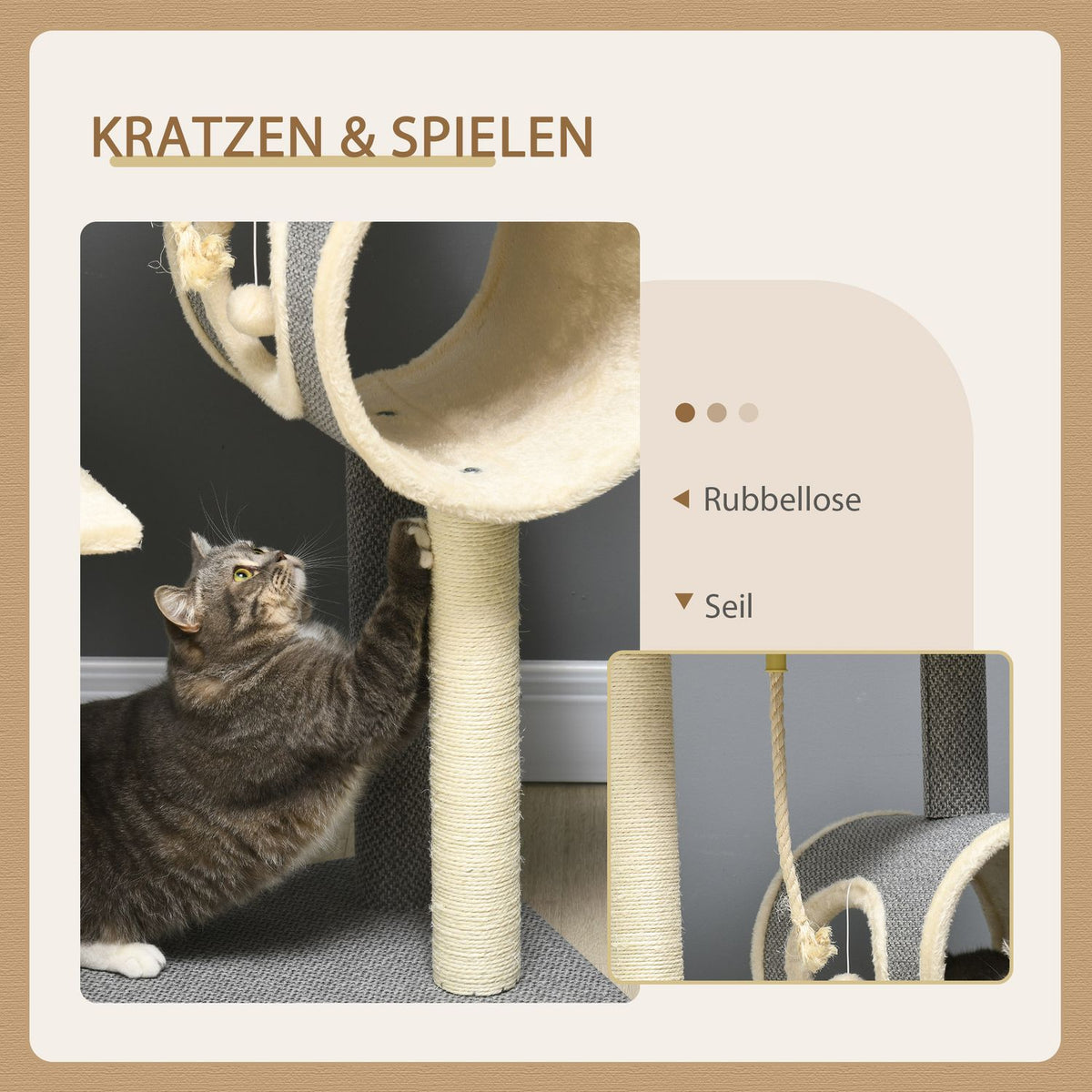 Scratching Post 104Cm With Play Ball & 2 Lying Areas Cat Tree For Cats Up To 5Kg, Sisal, Grey