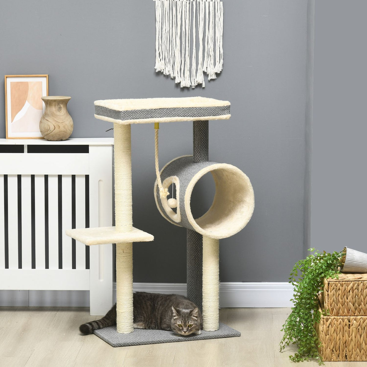 Scratching Post 104Cm With Play Ball & 2 Lying Areas Cat Tree For Cats Up To 5Kg, Sisal, Grey