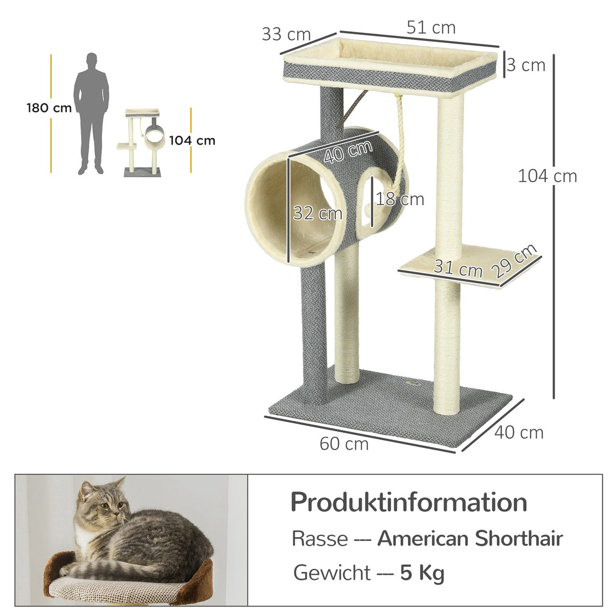 Scratching Post 104Cm With Play Ball & 2 Lying Areas Cat Tree For Cats Up To 5Kg, Sisal, Grey