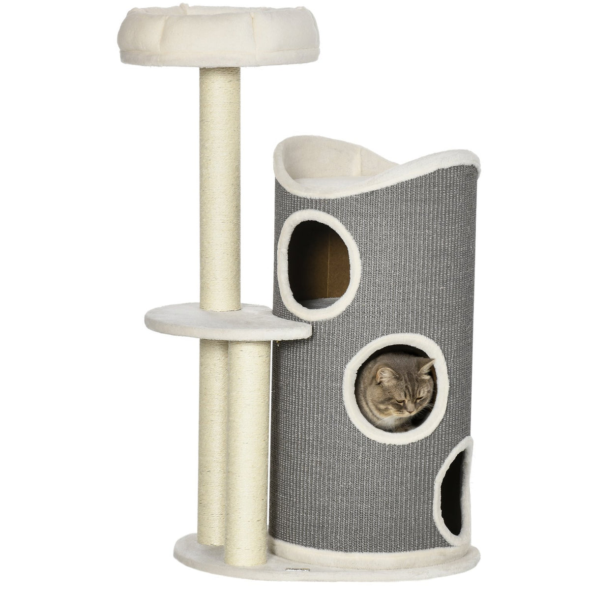 Scratching Post 109Cm Cat Tree With Scratching Barrel & Cat Bed, Sisal Columns, White + Gray