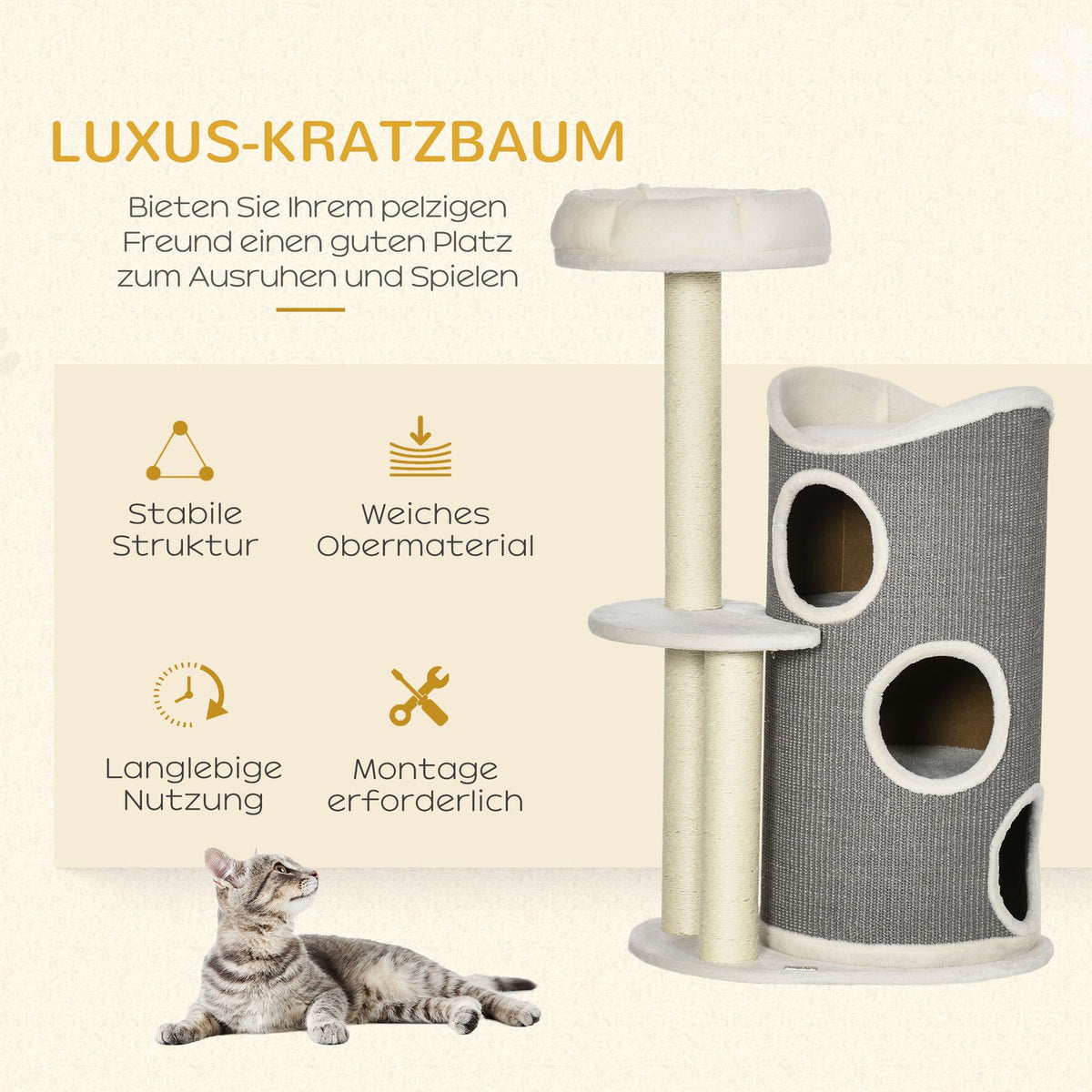 Scratching Post 109Cm Cat Tree With Scratching Barrel & Cat Bed, Sisal Columns, White + Gray